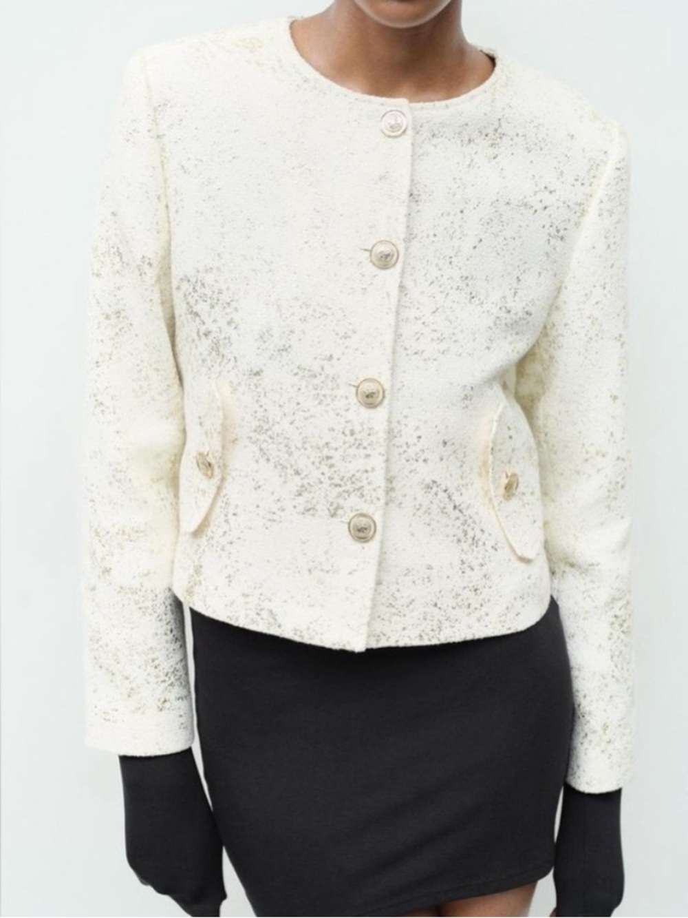 Zara Cream Bouclé Cropped Button Jacket